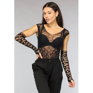 Schwarzer Fischnetz-Glitzer-Bodysuit mit losen Ärmeln