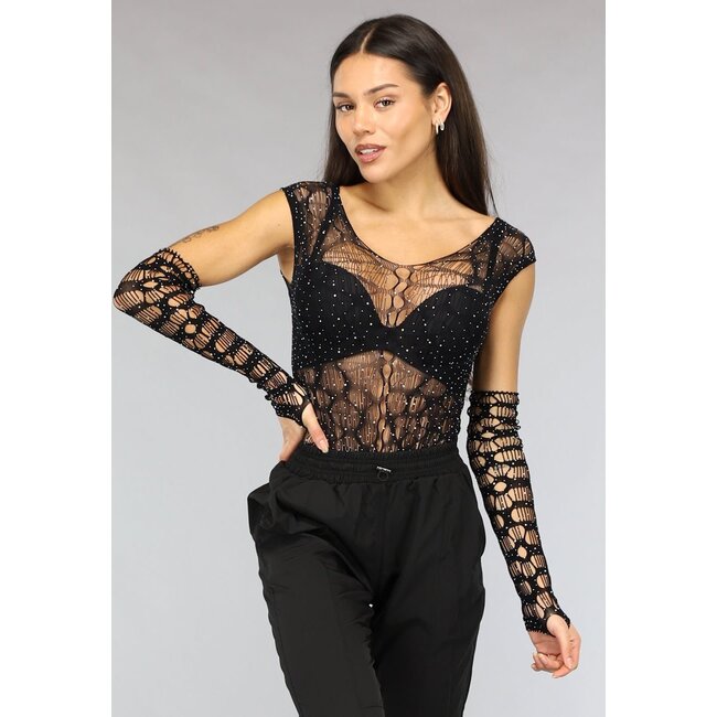 Schwarzer Fischnetz-Glitzer-Bodysuit mit losen Ärmeln