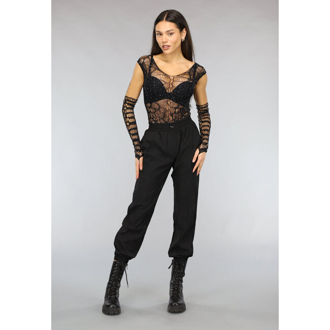 Schwarzer Fischnetz-Glitzer-Bodysuit mit losen Ärmeln