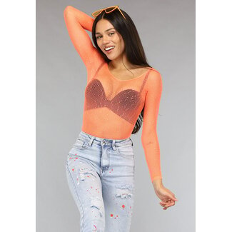 ORANJE-F Neonoranger schulterfreier Netz-Bodysuit