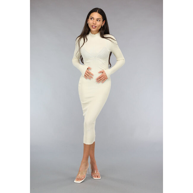 Cremefarbenes Bodycon-Midikleid mit langen Ärmeln