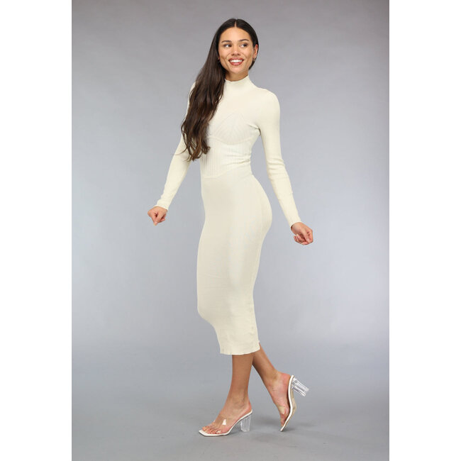 Cremefarbenes Bodycon-Midikleid mit langen Ärmeln