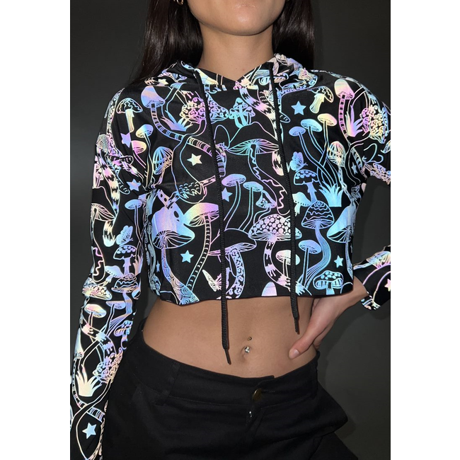 Reflektierendes Crop-Top mit Kapuze und Pilzprint