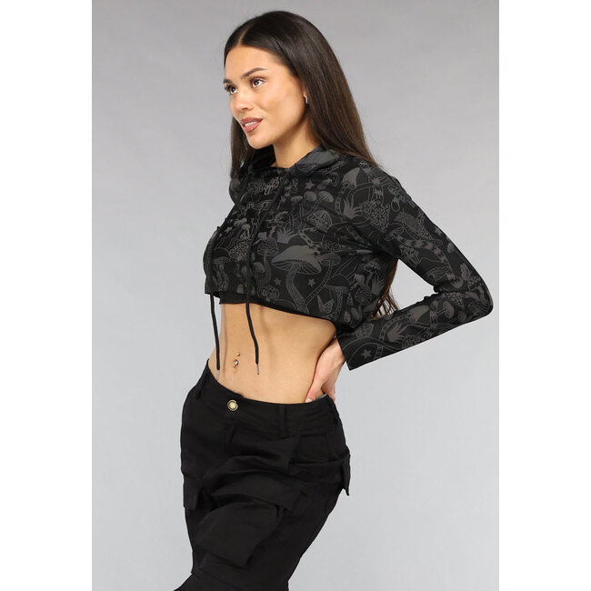 Reflektierendes Crop-Top mit Kapuze und Pilzprint