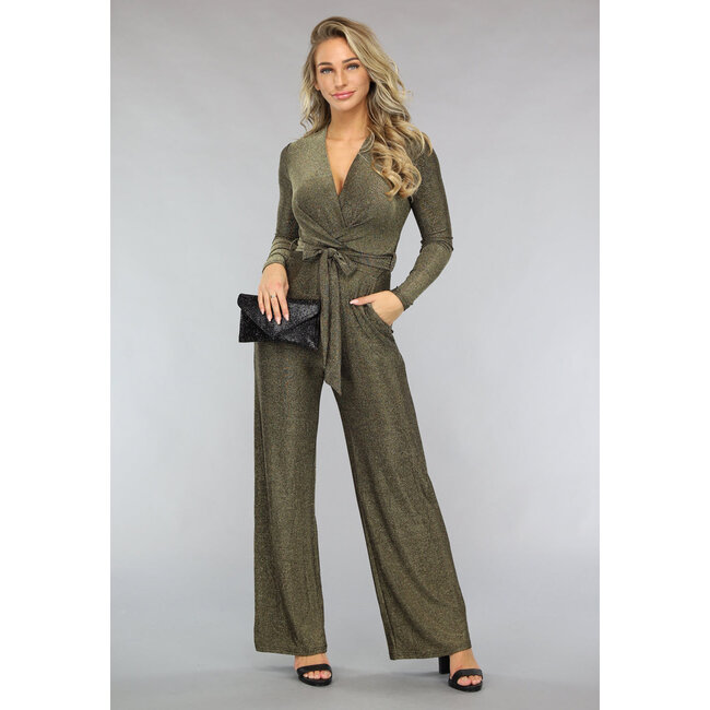 Elastischer goldener Glitzer-Jumpsuit mit weiten Beinen