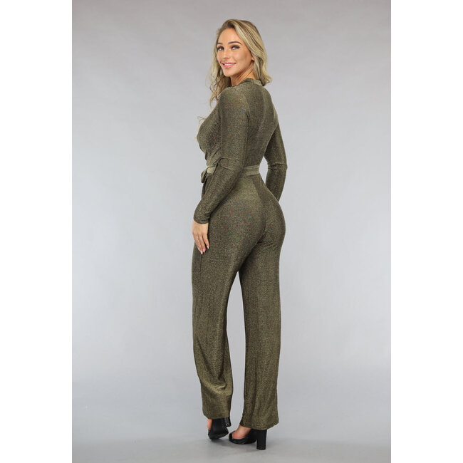 Elastischer goldener Glitzer-Jumpsuit mit weiten Beinen