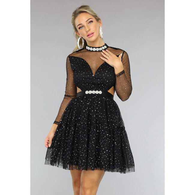 Schwarzes Glitzer-Skaterkleid mit Ausschnitten