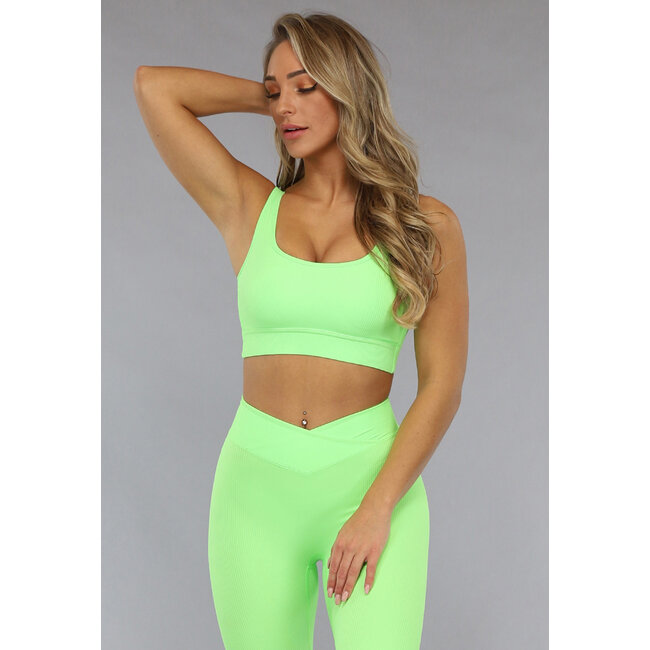 Neongrünes Rippensporttop mit Spitzendetail und herausnehmbaren Pads