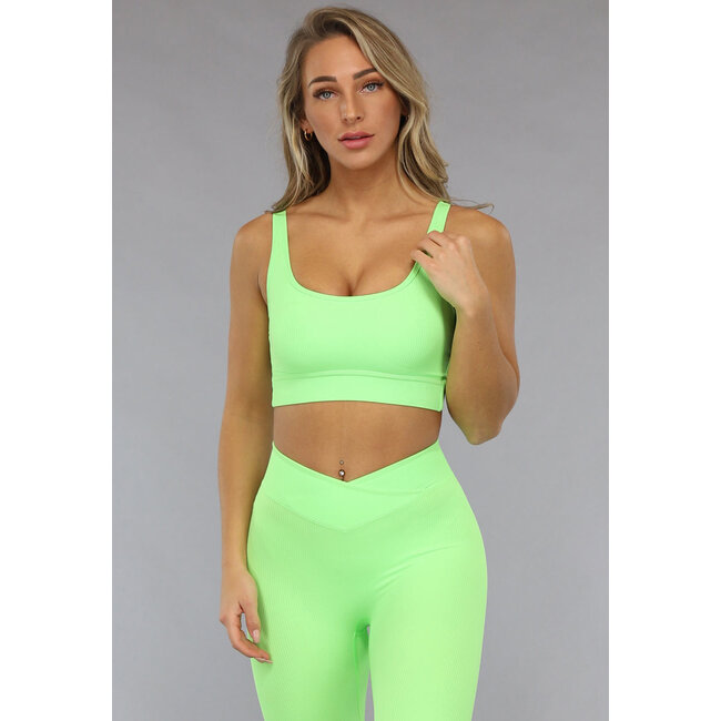 Neongrünes Rippensporttop mit Spitzendetail und herausnehmbaren Pads