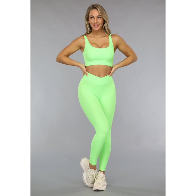 Neongrünes Rippensporttop mit Spitzendetail und herausnehmbaren Pads