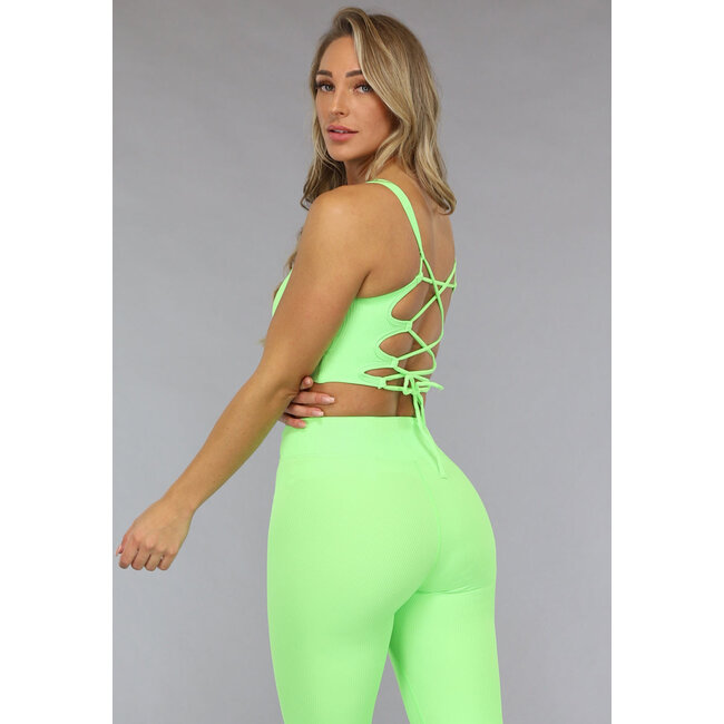 Neongrünes Rippensporttop mit Spitzendetail und herausnehmbaren Pads
