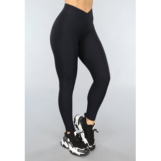 Schwarze Rippen-Sport-Leggings mit überschnittenem Bund