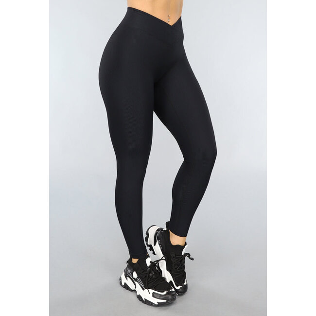 Schwarze Rippen-Sport-Leggings mit überschnittenem Bund