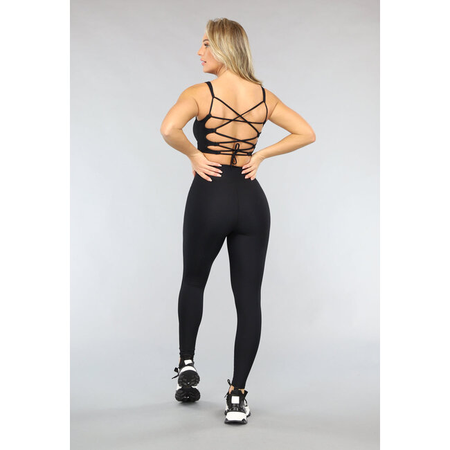 Schwarze Rippen-Sport-Leggings mit überschnittenem Bund