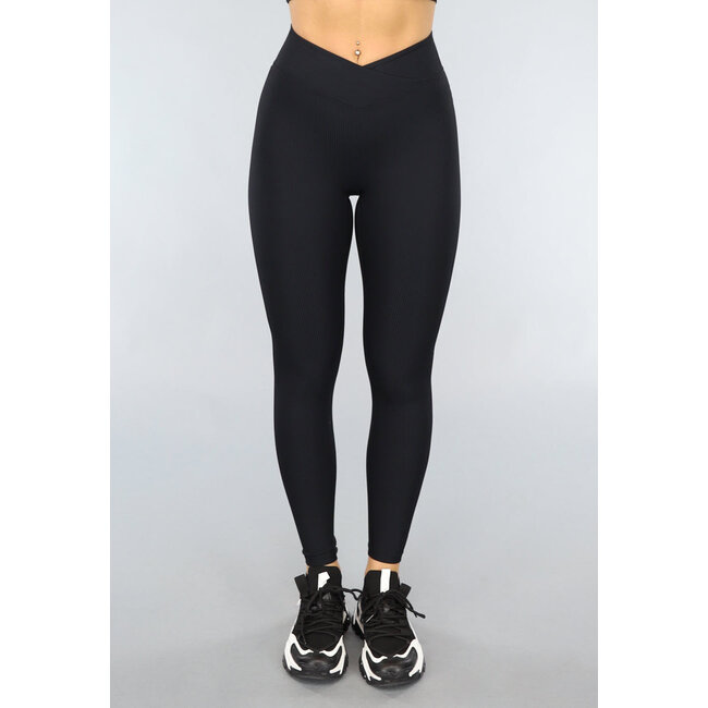 Schwarze Rippen-Sport-Leggings mit überschnittenem Bund