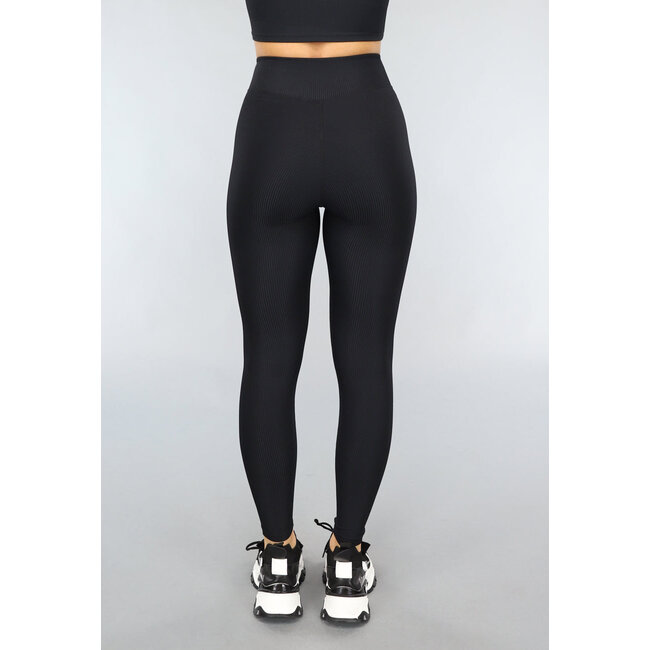 Schwarze Rippen-Sport-Leggings mit überschnittenem Bund