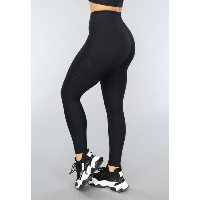 Schwarze Rippen-Sport-Leggings mit überschnittenem Bund