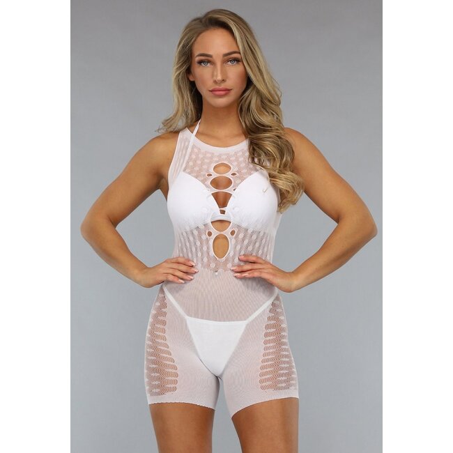 Weißer Fishnet Playsuit mit Ausschnitt