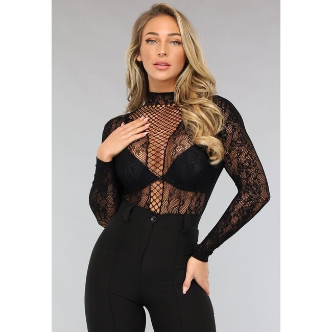 Hochgeschnittener schwarzer Langarm-Bodysuit