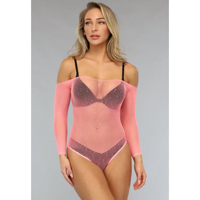 Lachsrosa Glitzer-Fischnetz-Bodysuit