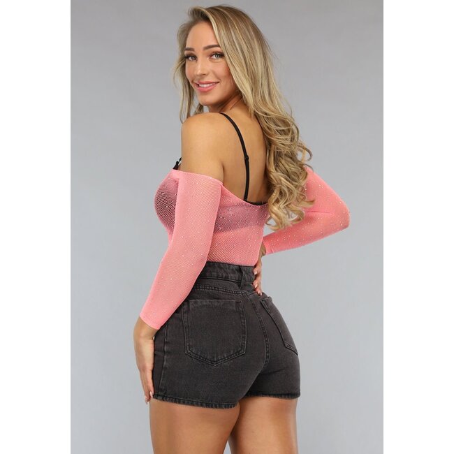 Lachsrosa Glitzer-Fischnetz-Bodysuit
