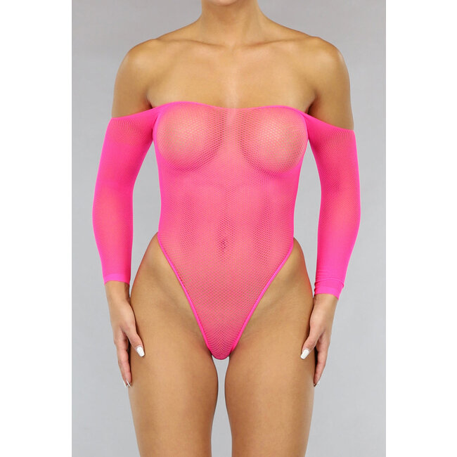 Neon-Pink Fischnetz-Dessous-Bodysuit