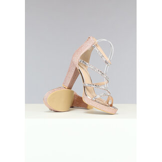 Champagnerfarbene Glitzer-Sandalen mit Strass-Riemen