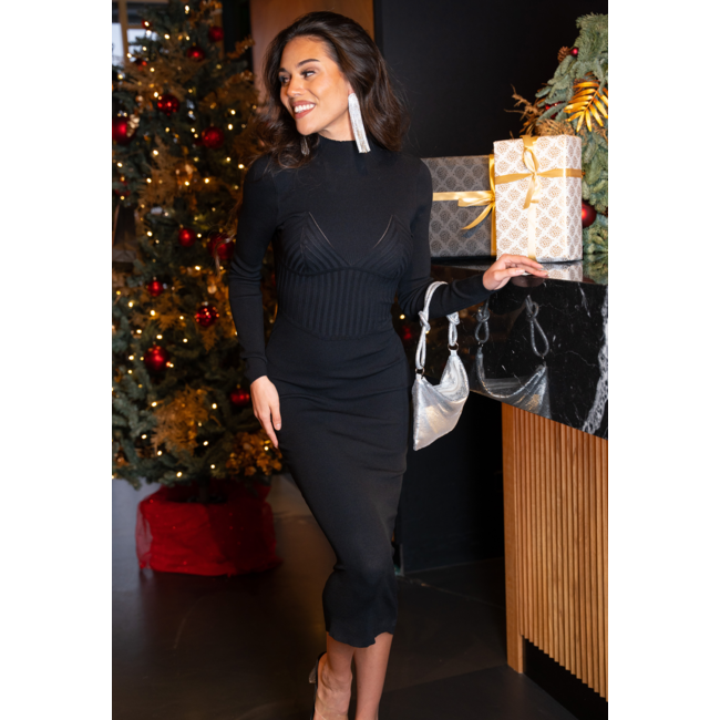 Schwarzes Bodycon-Rollkragen-Rippenkleid