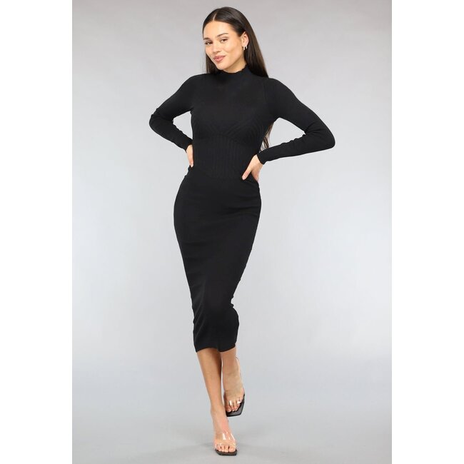 Schwarzes Bodycon-Rollkragen-Rippenkleid mit langen Ärmeln