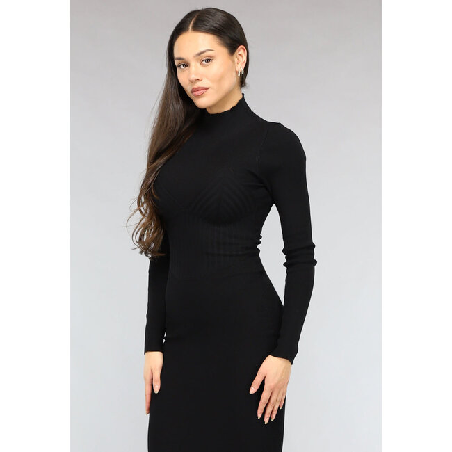 Schwarzes Bodycon-Rollkragen-Rippenkleid mit langen Ärmeln