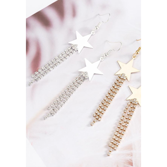 Silberne Stern-Ohrringe mit Strass-Fransen