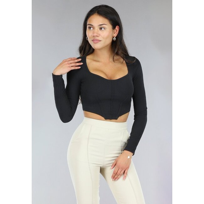 Schwarzes langärmeliges Rippen-Crop-Top