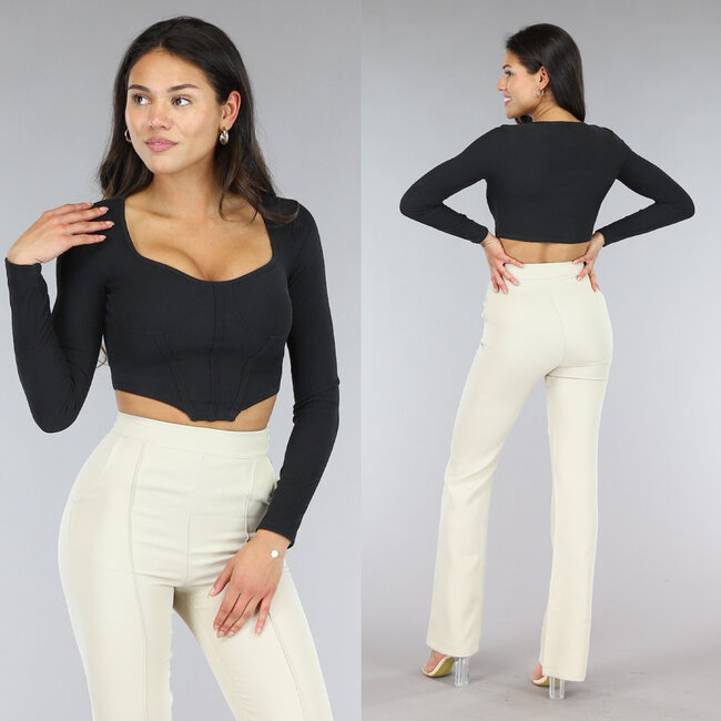 Schwarzes langärmeliges Rippen-Crop-Top