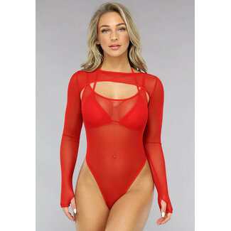 Langärmeliger Mesh-Body in Rot