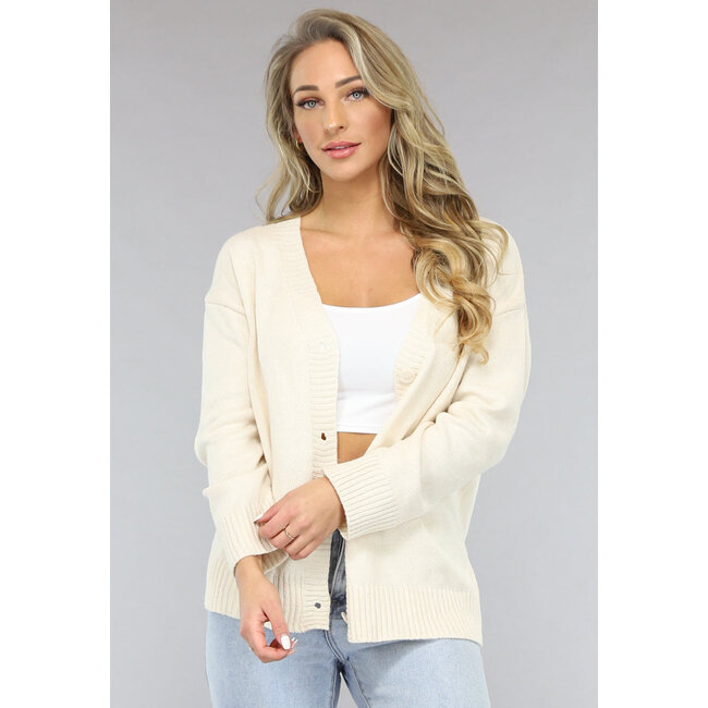 Kurze beigefarbene Feinstrick-Strickjacke