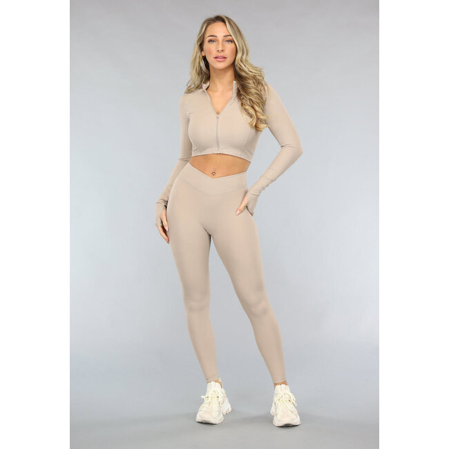 Taupe Fitted Rib Stoff Sport Leggings