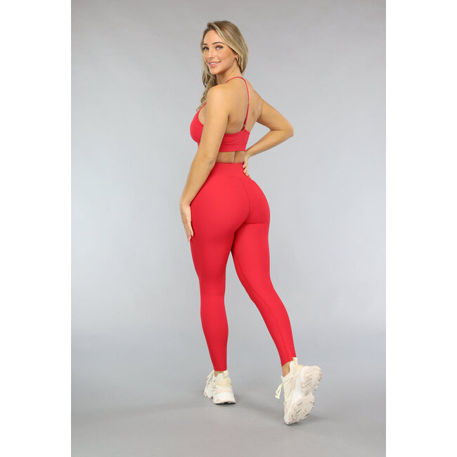 Rote Ripp-Sport-Leggings mit überschnittenem Bund