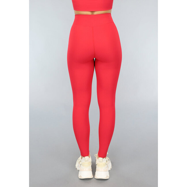 Rote Ripp-Sport-Leggings mit überschnittenem Bund