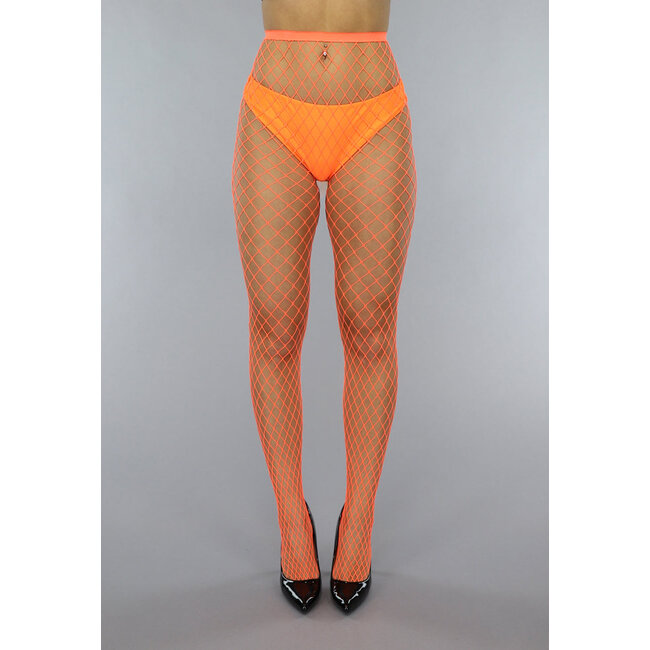 Orange Netzstrumpfhose mit großem Fischnetz