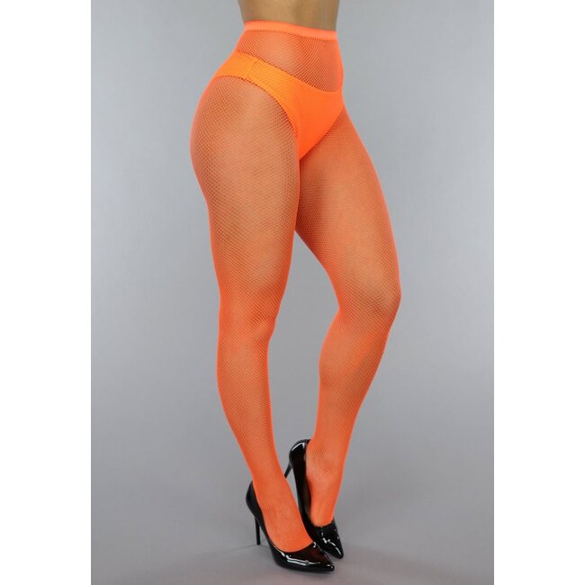 Neonorangefarbene Strumpfhose mit kleinem Fischnetz-Muster