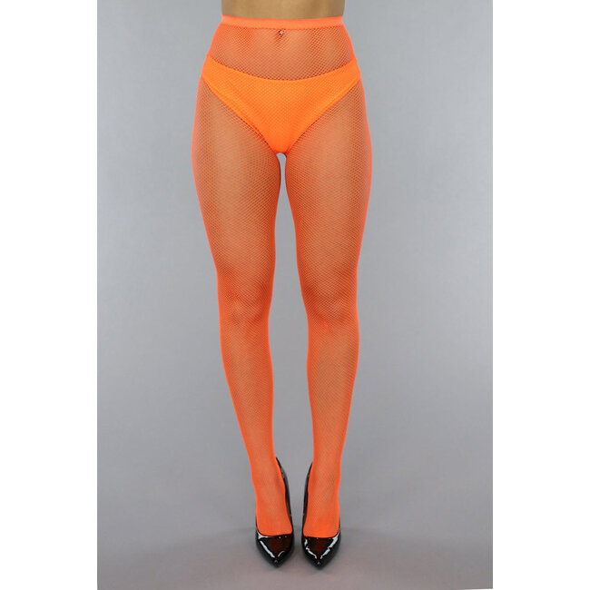 Neonorangefarbene Strumpfhose mit kleinem Fischnetz-Muster