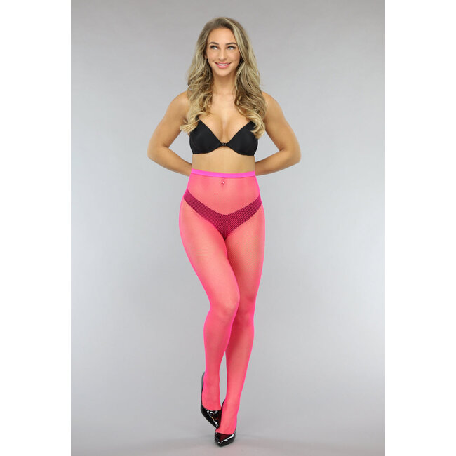 Neonpinke Strumpfhose mit kleinem Fischnetz-Muster