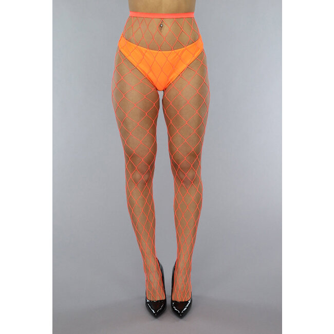 Orange Netzstrumpfhose mit extra großem Fischnetz