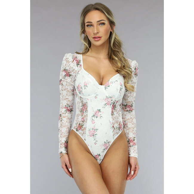 Weißer Spitzenbodysuit mit Vintage-Druck und Cups