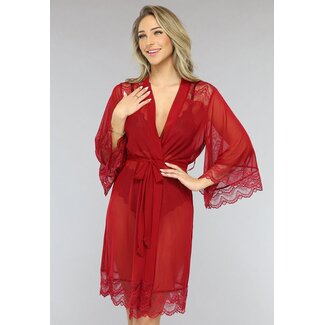Robe aus rotem Mesh mit Spitzenärmeln