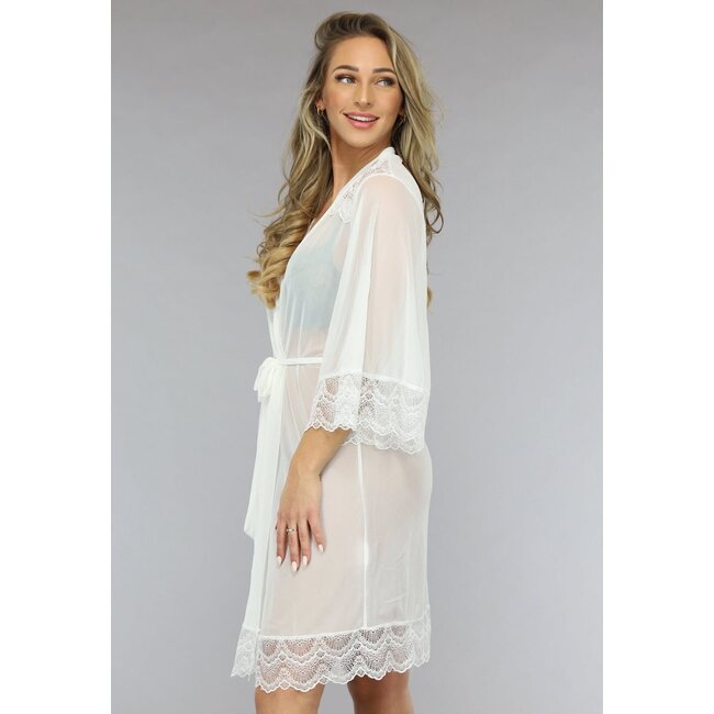 Weißer Mesh-Kimono mit Spitzendetails
