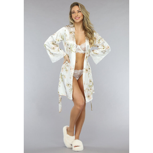 Kurzer Braut Kimono mit Blumendruck und Spitzendetails