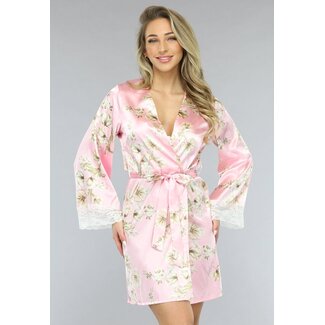 NEW1701 Satin Kimono mit Blumenmuster in Rosa