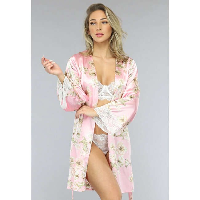 Satin Kimono mit Blumenmuster in Rosa