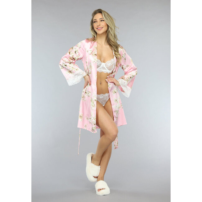 Satin Kimono mit Blumenmuster in Rosa